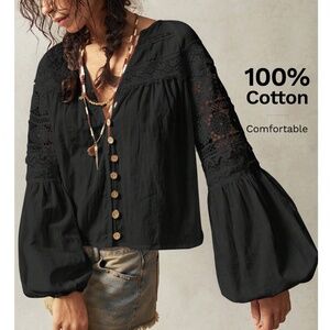 Cotton Bohemian Shirt Black Crochet Lace Detailed V-Neck Long Lantern Sleeve